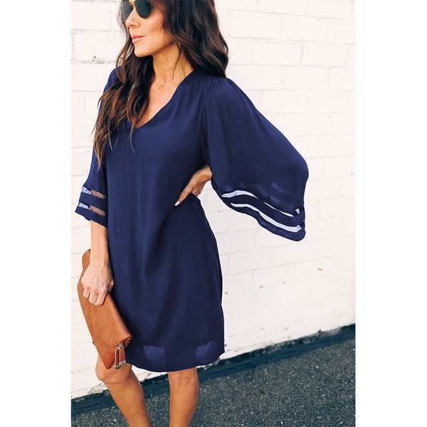 

new summer women fashion elegant geometric gauze ladies female plus large v-neck seven-quarter sleeve dresses, Black;gray