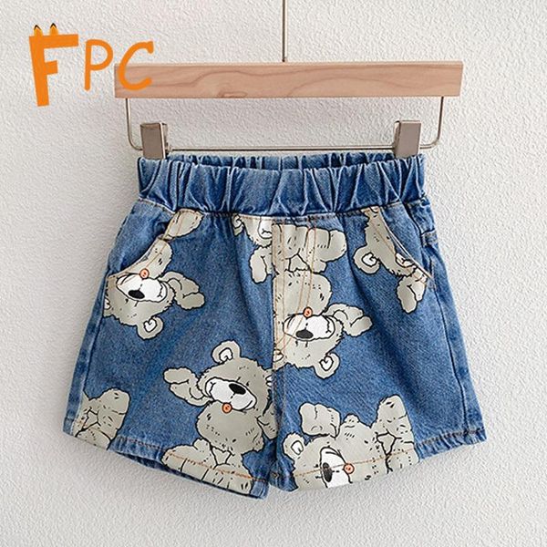 

shorts cartoon print denim cute fashion straight slim elastic waist above knee for 2-11y girls teenagers clothes, Black