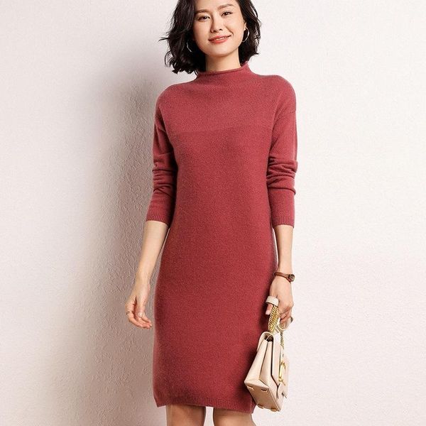 

casual dresses winter cashmere sweater women's knitted dress half high collar warm versatile cardigan bottomed, Black;gray