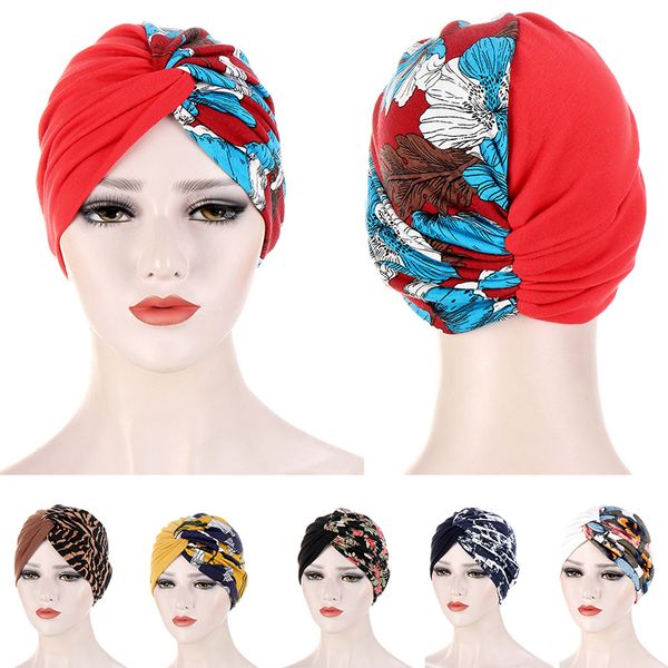 

double layer stitching floral twisted turban hat women girl two-color baotou cap breathable printed bandana muslim headdress, Blue;gray