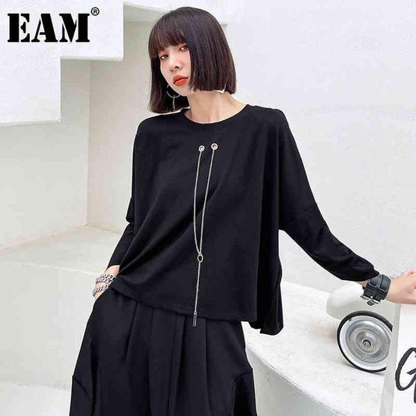 

[eam] women black big size chain casual t-shirt round neck three quarter sleeve fashion spring summer 1dd6552 210512, White