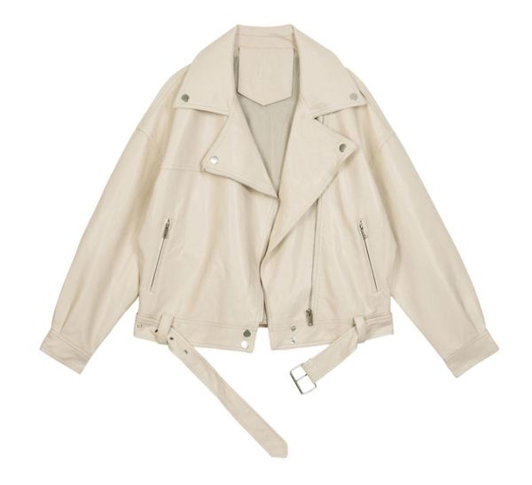 

bike moto leather jacket women streetwear loose turn down collar pvc outwear korean female oversize with belt faux coats women's &, Black