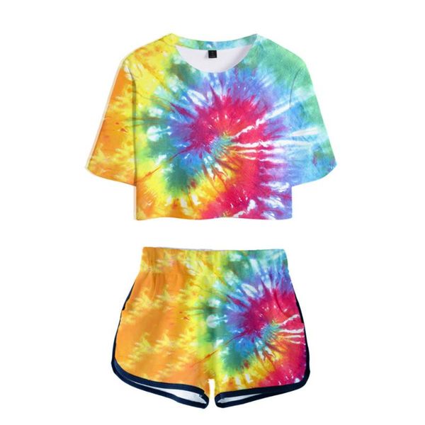 

men's t-shirts plus size tie dye flashbacks two piece sets women summer colorful exposed navel crop and elastic shorts, White;black