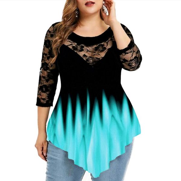 

plus size t-shirt plus-size women printed aurora see through lace o-neck long sleeve mid length loose casual fashion femme tee, Black