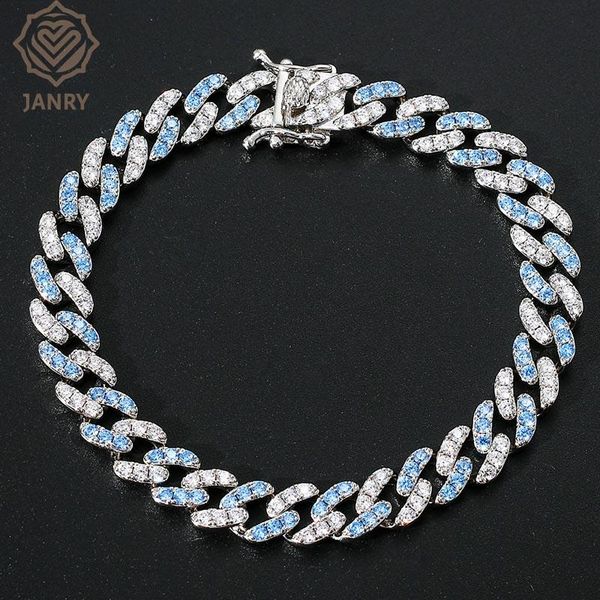

link, chain janry 9mm fashion blue white bracelet full iced out cubic zirconia hip hop rapper rock jewelry gift for men women, Black