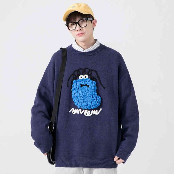 

men autumn winter cartoon knitwear pullovers loose knitted sweater, Black