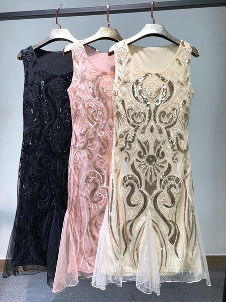 

casual dresses vintage flapper great gatsby party dress o-neck sleeveless sequin beaded style vestidos gauze embroidery geometric 3042, Black;gray
