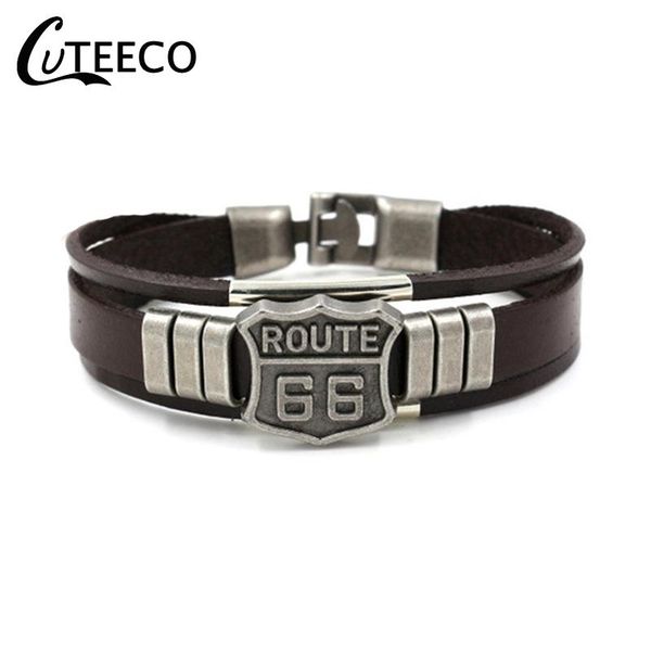 

vintage men women us route 66 badge multi thong braided thin leather bracelet male friend jewelry gift charm bracelets, Golden;silver