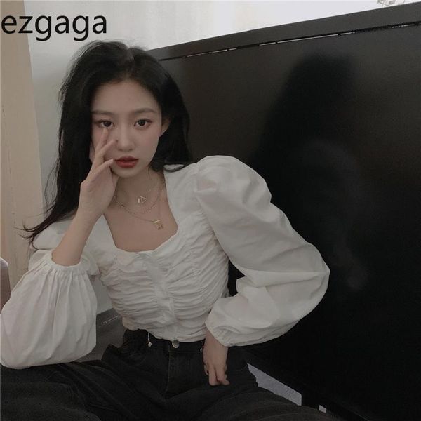 

women's blouses & shirts ezgaga crop women long sleeve blouse square collar ruched solid autumn 2021 korean chic female casual, White