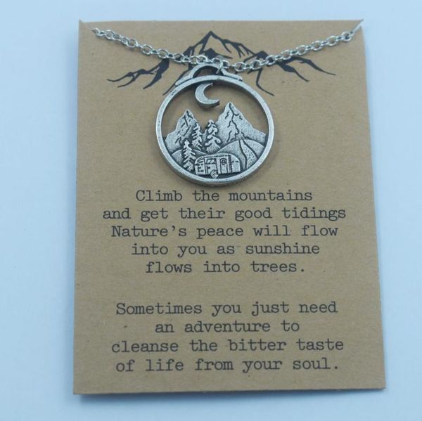 

chains sun hiking moon pine tree mountain necklace climb camping outdoors adventure with card, Silver