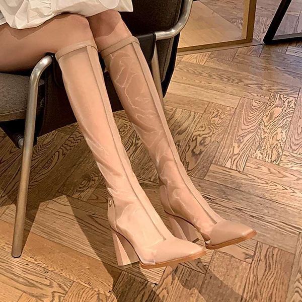 

summer sandals women 's hollow mesh slimming authentic leather square toe chunky heel high-boots, Black