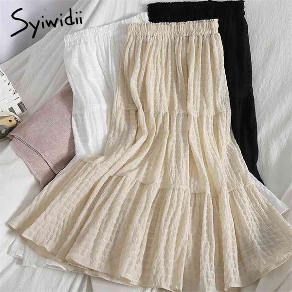 

elastic high waist skirts women ruffles spliced a-line white black korean mid-calf clothing summer fashion casual 210607