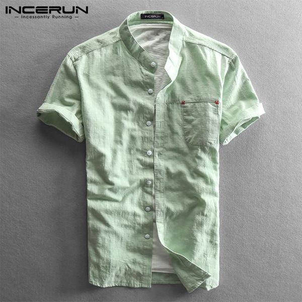 

summer men shirt cotton short sleeve stand collar streetwear 2021 breathable casual brand shirts solid color camisas incerun men's, White;black
