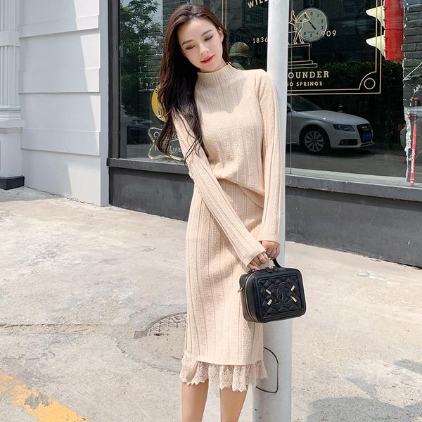 

two piece dress 2021 spring autumn casual knitted skirt suit 2 sets women long sleeve solid sweater and fashion lace edge knit, White