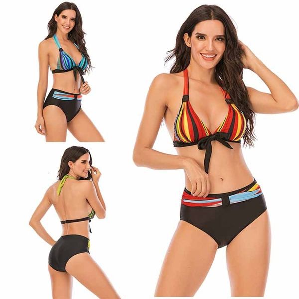 

split bikini women's contrast stripe rainbow print holiday, White;black