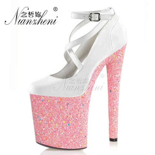

style luminous bling buckle strap thin heels pumps 8 inches nightclub pole dancing show 20cm fashion gothic big size dress shoes, Black