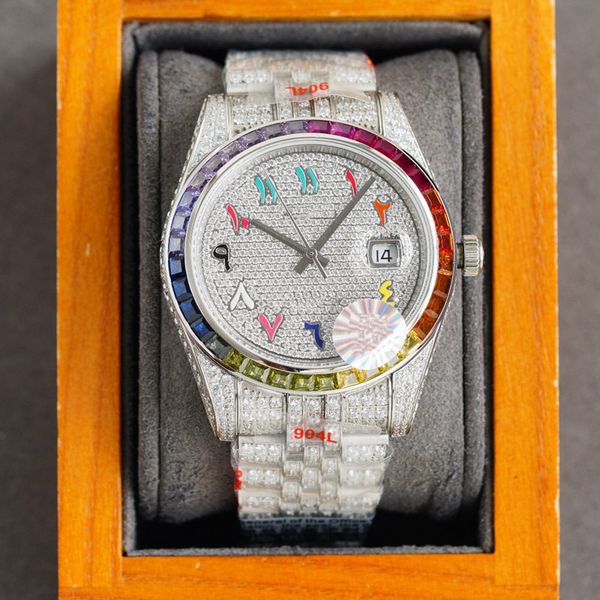 

full diamond mens watch 41mm automatic mechanical watches rainbow square diamonds dial sapphire waterproof design wristwatch montre de luxe, Slivery;brown
