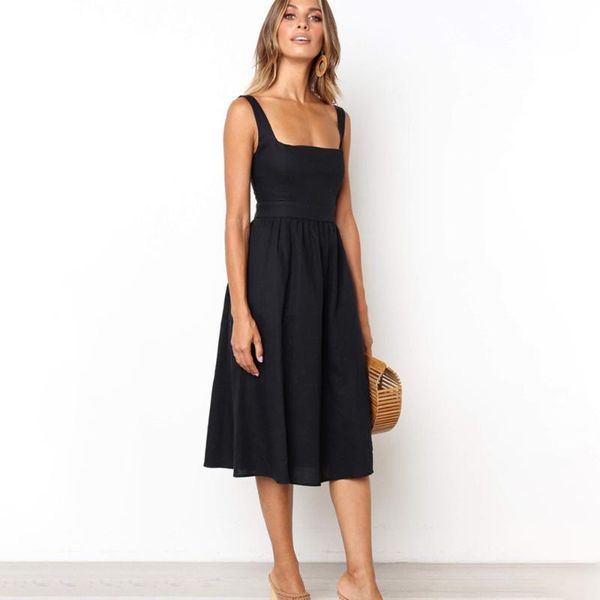 

summer long dress women backless casual ruched slip white black midi sundresses ladies pleated spaghetti strap clothes 2021 dresses, Black;gray