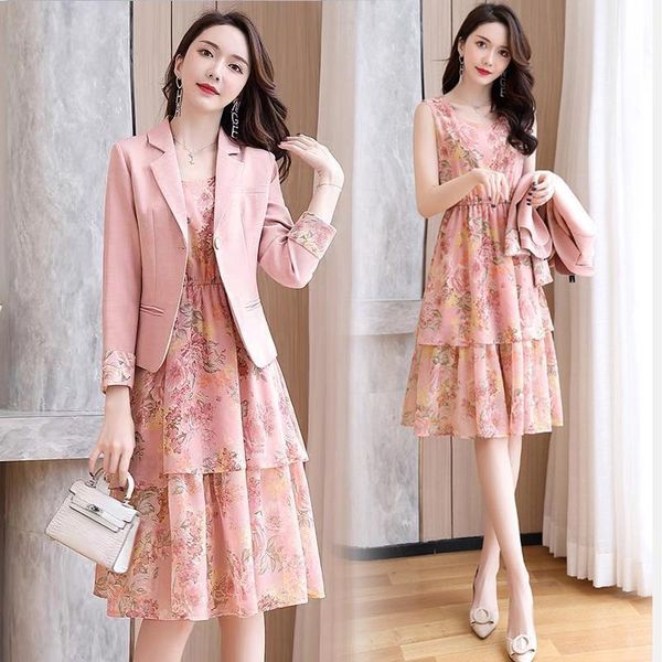 

spring autumn plus size two women dress piece sets suits casual loose elegant long sleeve printing dresses suit coat wf307, White