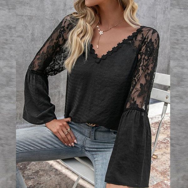 

women's t-shirt lace long flare sleeve blouse backless deep v-neck female blouses 2021 summer patchwork office casual ladies, White