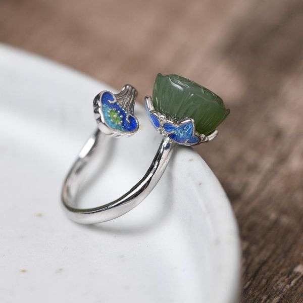 

cluster rings fnj 925 silver natural hetian jade ring original pure s925 sterling for women jewelry open adjustable enameling, Golden;silver