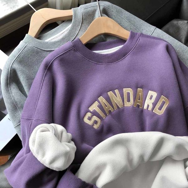 

women hoodie autumn winter embroidery standard harajuku sweatshirt hoodies plush thick warm loose jacket casual pullover long sleeve, Black