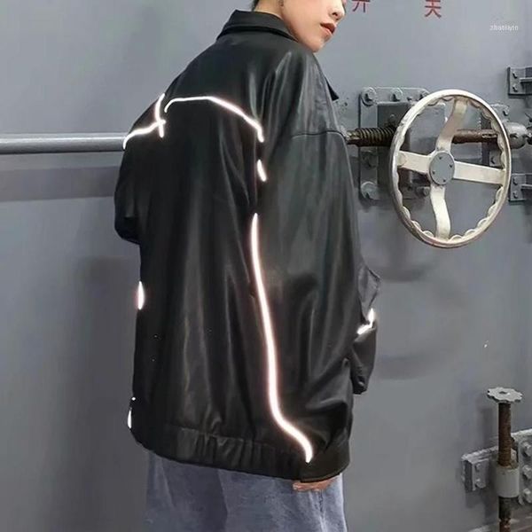 

winter reflective jacket womens faux leather jackets and coats fashion pocket black korean punk streetwear1