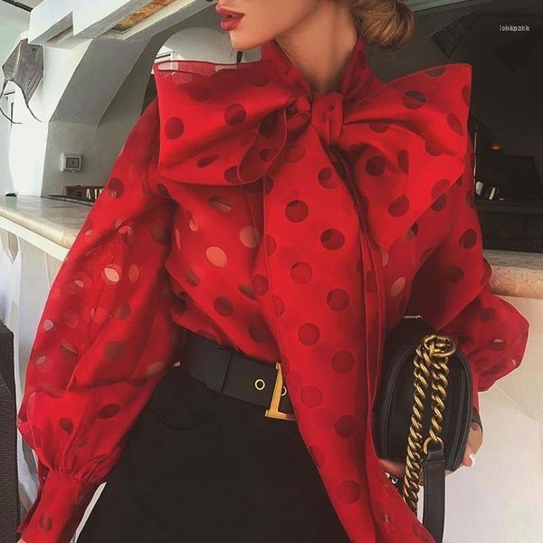 

women's blouses & shirts polka dot lantern sleeve knotted blouse women chic elegant office lady street wear spring fall fashion trends, White