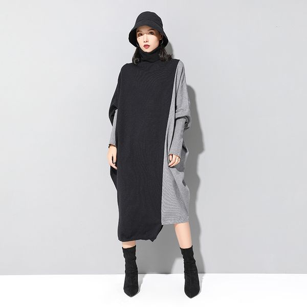

women long sleeves fall winter pullover plus oversize shreds dress d746, Black;gray
