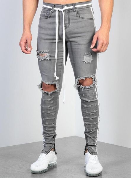 

mens ripped ribbon grey skinny jeans fashion designer hi-street distressed denim joggers knee holes washed destroyed slim fit pants kg-38, Blue