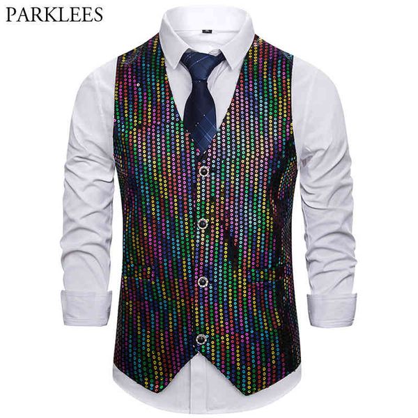 Glänzende bunte Pailletten Männer Weste Einreiher Casual Slim Fit Westen Männer Nachtclub Dance Show Sänger Weste Herren Gilet Homme 210524