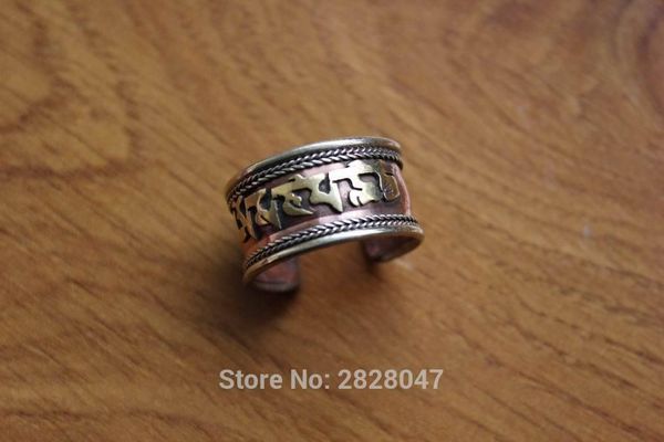

cluster rings rg162 handmade nepalese copper six words mantra 12mm wide open back ring tibetan om mani padme hum men adjustable, Golden;silver