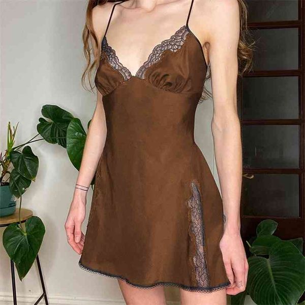 

vintage brown lace patched satin strap y2k dress women sleeveless v neck mini elegant black evening party dresses red 210510, Black;gray