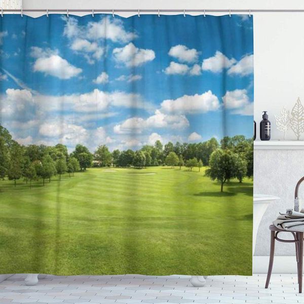 

shower curtain set with 12 hooks,course green golf field and blue cloudy sky european,machine washable,72" x 72"