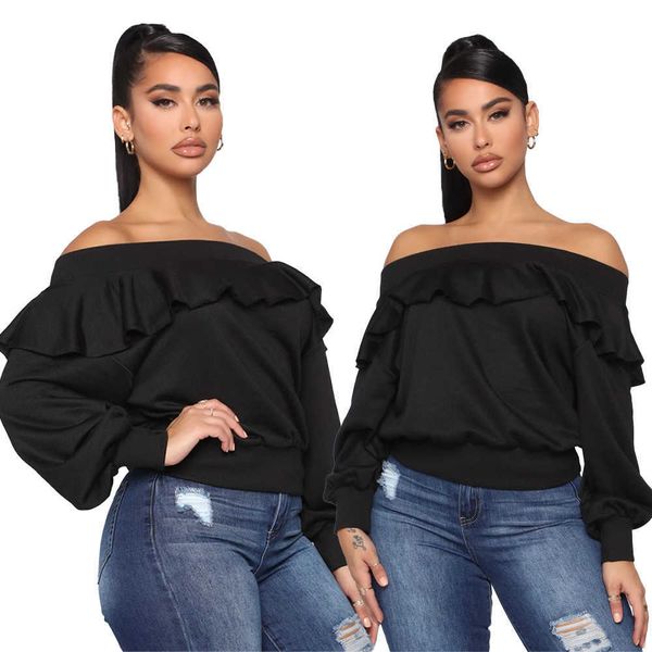 

fashion hoodies gt8819 casual ruffle off shoulder women's sweater, Black