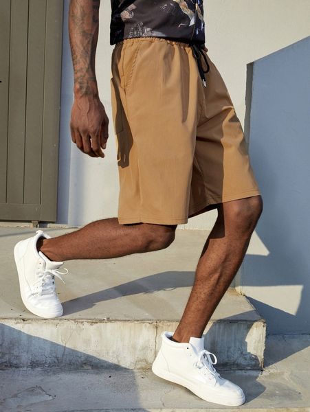 

men letter patch detail drawstring waist shorts 519c#, Black