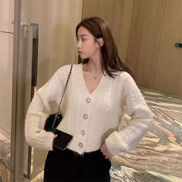 

solid knit cardigan women sweater loose elegant pull femme print short casual coat v neck female sueter mujer 210427, White;black