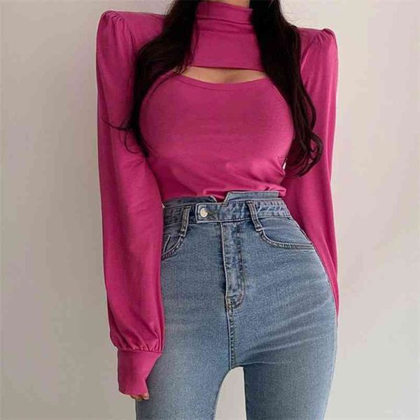 

women t-shirt long sleeve solid fashion turtleneck slim fit hollow out high street casual ladies 210522, White