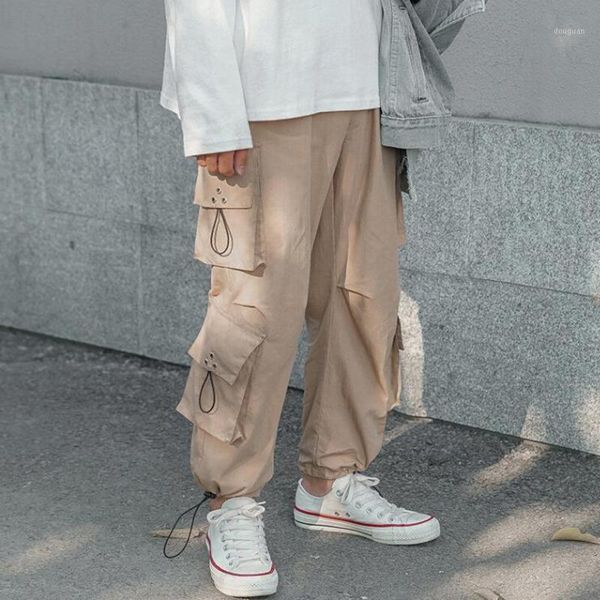 

overalls men's fashion solid color multi-pocket casual pants men streetwear wild hip-hop loose straight trousers mens summer, Black