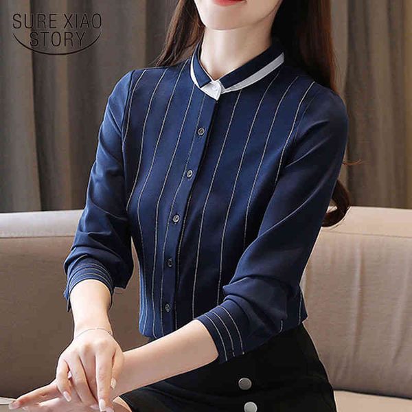 

korean women clothing long sleeves chiffon striped womens and blouses stand collar ladies shirts pink cardigan 8391 50 210417, White
