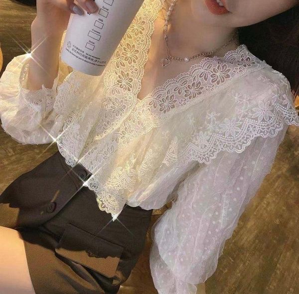 

women's blouses & shirts elegant long-sleeved lace autumn women clothing 2021 fashion hollow out shirt v-neck crochet blouse blusa, White