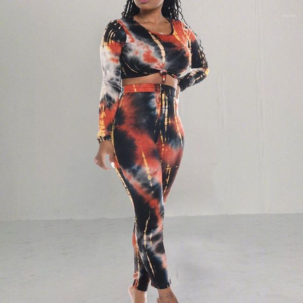 

two piece dress casual 2021 dye print women tracksuits autumn o neck winter full sleeve bandage crop leggings plus size sport sets, White
