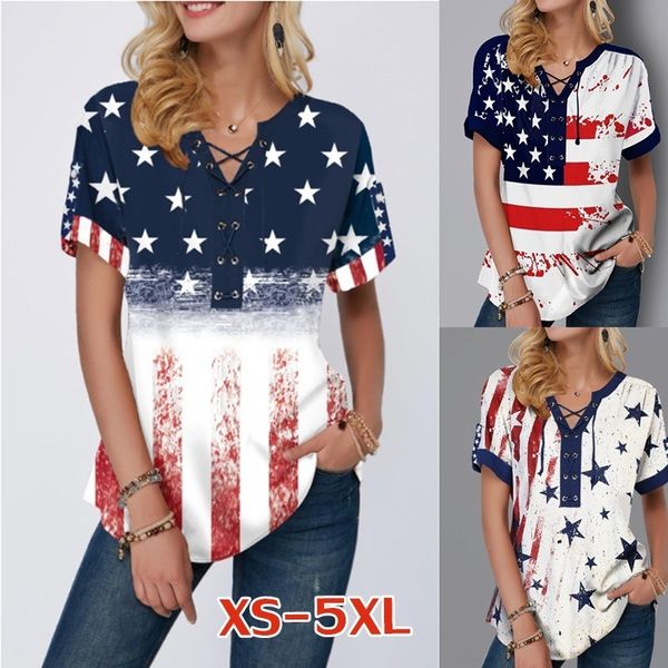 

print casual short sleeve summer v-neck lace up t-shirt top, White