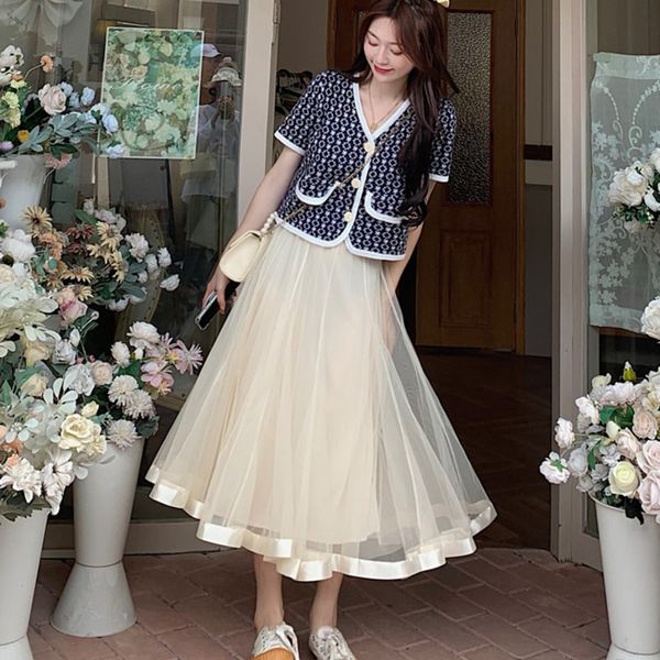 

women's jumpsuits & rompers kroean sweet chic summer 2 piece set women crop shirt blouse + mesh skirts sets vintage cardigan s, Black;white