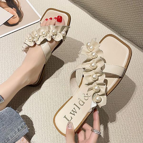 

slippers elegant women 2021 summer string bead pearl cross strap ruffles flat rubber sole fashion ladies slides shoes footwear, Black