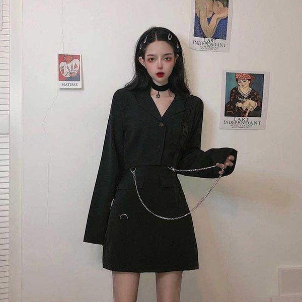 

vintage black two piece set women tracksuits streetwear split flare sleeve crop mini skirt matching mujer outf, Gray