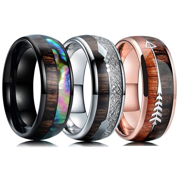 

wedding rings fashion men's 8mm tungsten carbide black brushed koa wood & abalone shell inlay meteorite arrow men band jewelry, Slivery;golden