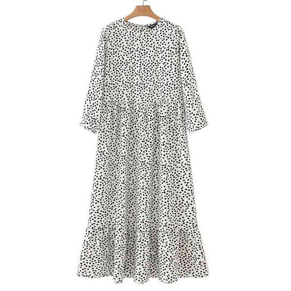 Mulheres Dots Branco Imprimir Maxi Vestido Plissado Três Quarter Manga Feminina Casual Vestidos Retos Chic Ankle Comprimento Vestidos 210331