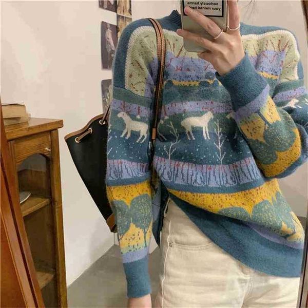 

women vintage printed sweater korean autumn winter long sleeve loose oversize streetwear pullover woman knitted sweaters 210525, White;black