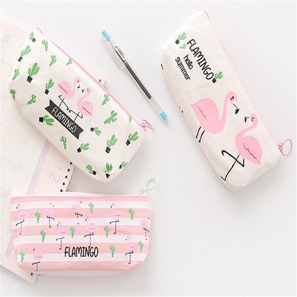 

1pcs/lot flamingo cactus pencil bag canvas fabric pouch kawaii stationery organizer zipper case pen bags